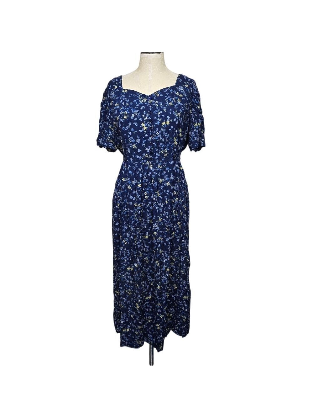 Erika II Studio Vintage Floral Sweetheart Dress XL Blue Yellow Short Sleeves - Picture 1 of 8